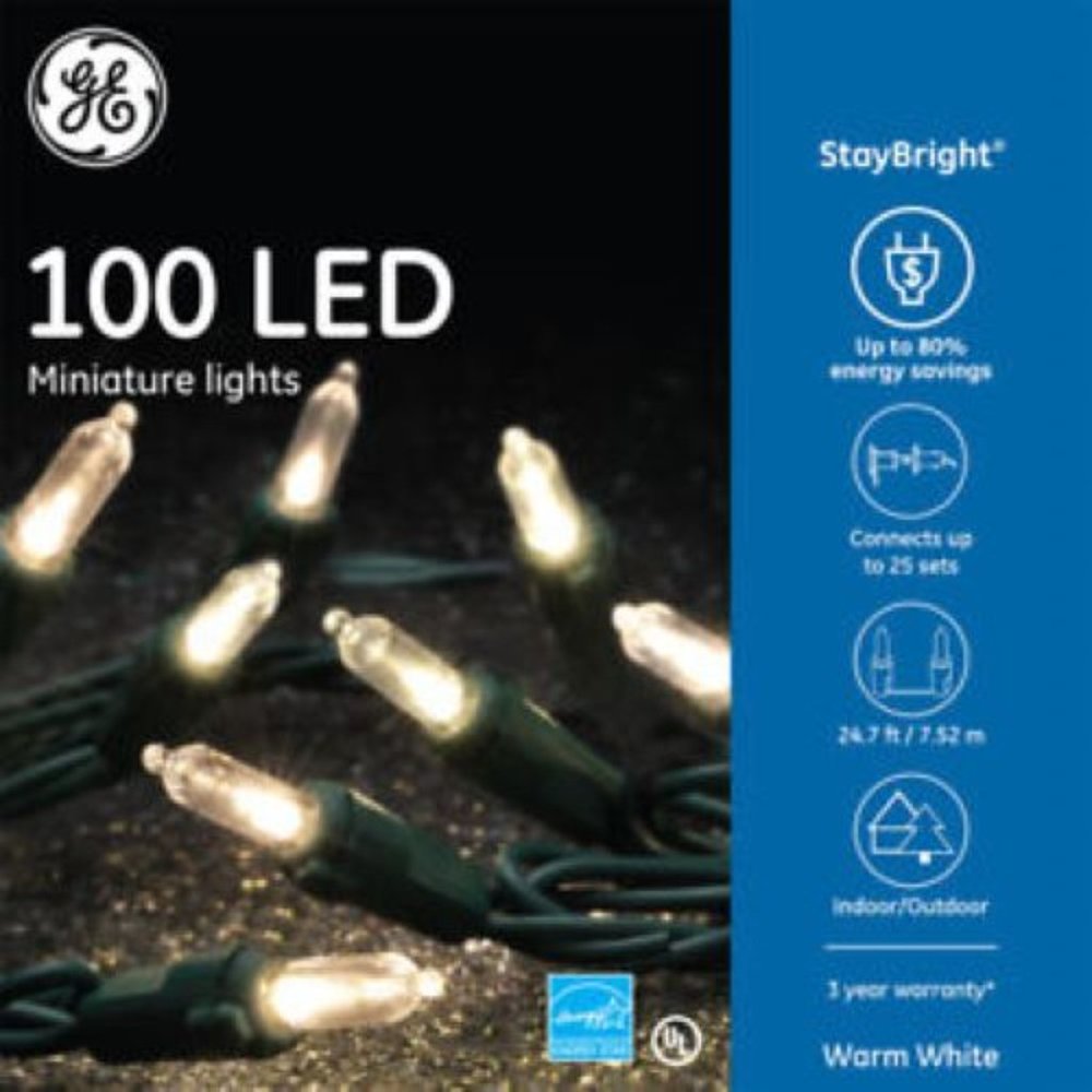 NEW GE 847973 STAYBRIGHT 100CT WARM WHITE LED MINI LIGHTS 24.7' GREEN STRING